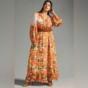 Anthropologie Vineet Bahl Floral Long Sleeve Maxi Dress White Orange Size 2X NWT